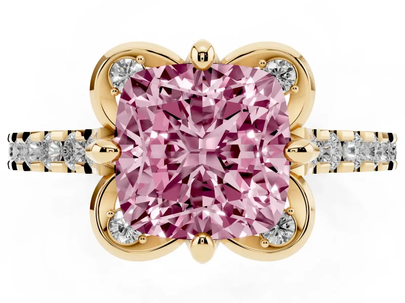 Cushion Cut Floral Petal Engagement Ring Setting for a Fancy Pink Lab-Grown Diamond | Petal Accents | Yellow Gold