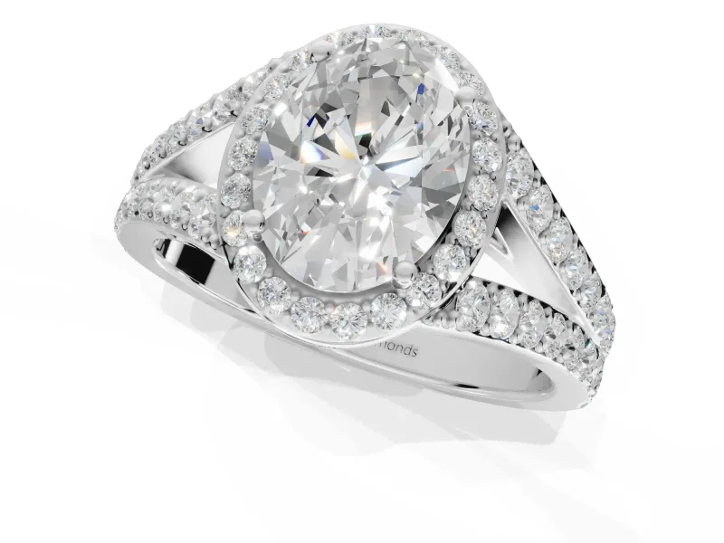 Oval Halo Pavé Engagement Ring Setting | Narrow Split Shank | White Gold