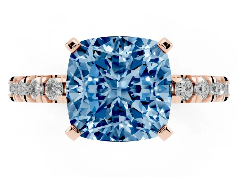 Fancy Blue Cushion Cut Diamond Pavé Band Solitaire Set in Rose gold with Prong Setting