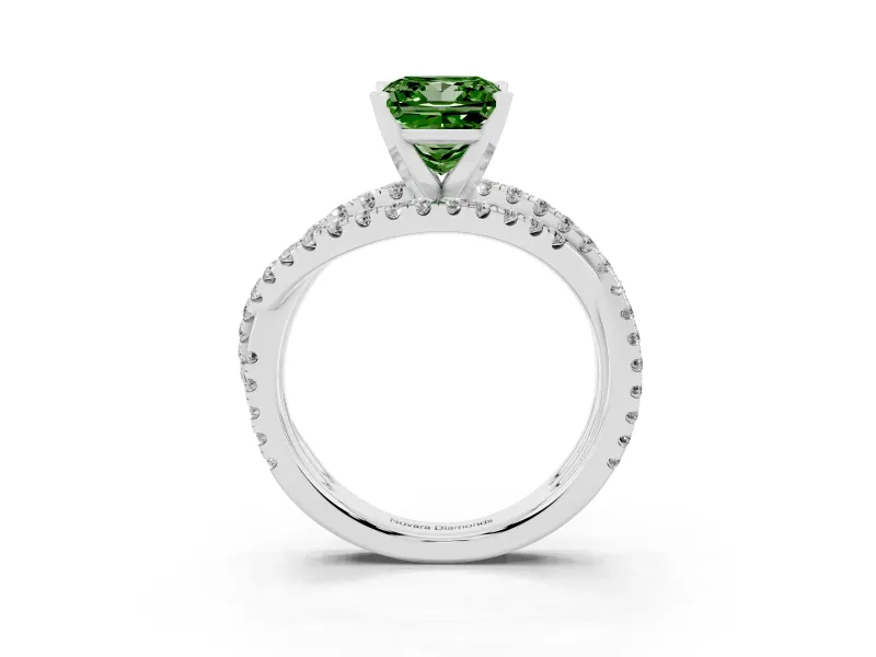 Fancy Green Princess Cut Diamond Solitaire Twist Band Ring Set in White gold with Pavé Setting and Prong Head