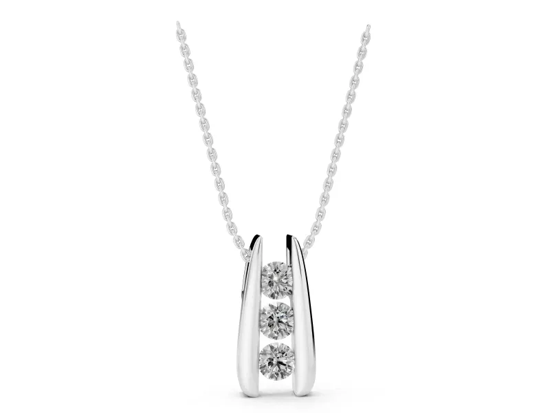 Round Lab-Grown Diamond Three-Stone Channel Set Drop Pendant | U-Shaped Base | Sterling Silver