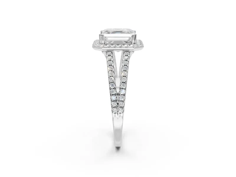 Asscher Cut Halo Split Shank Engagement Ring Setting | Pavé Shoulders | Platinum
