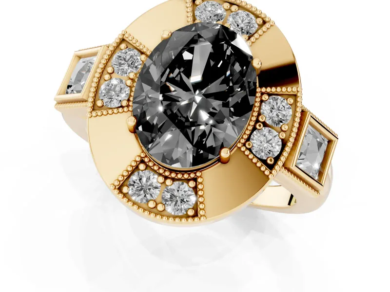Oval Milgrain Sectioned Halo Engagement Ring Setting for a Black Center | Yellow Gold