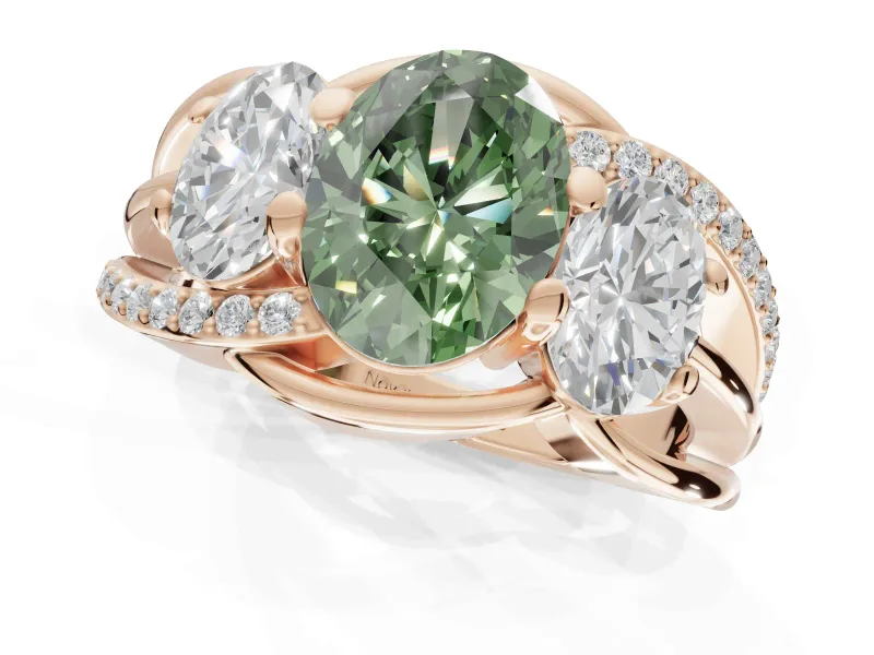 Oval Three Stone Split Shank Engagement Ring Setting for a Fancy Green Lab-Grown Diamond | Matching Sides | Rose Gold