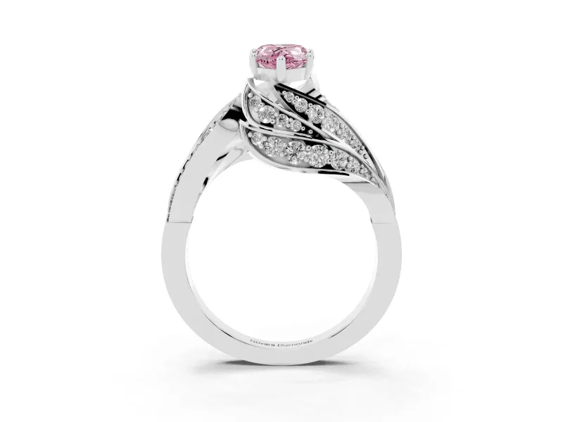 Fancy Pink Pear Cut Diamond Solitaire Ring Set in White gold with Layered Twist Pavé Band