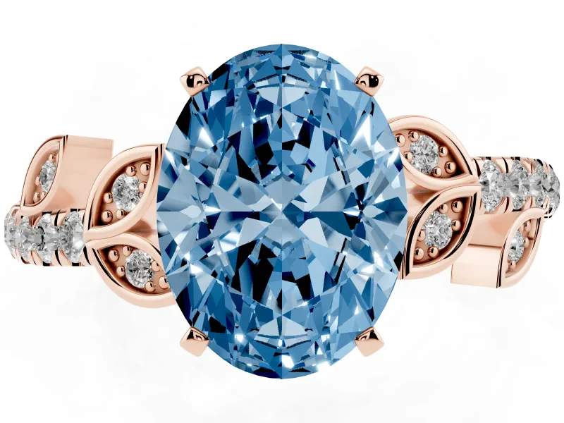 Fancy Blue Oval Cut Diamond Solitaire Leaf-Inspired Ring Set in Rose gold with Pavé Band and Prong Setting