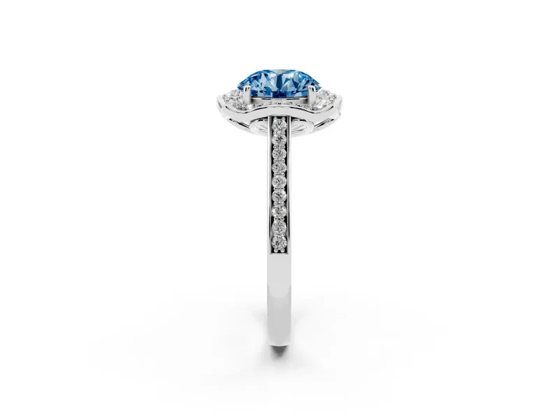 Round Halo Engagement Ring Setting for a Fancy Blue Lab-Grown Diamond | Petal Tips | Sterling Silver