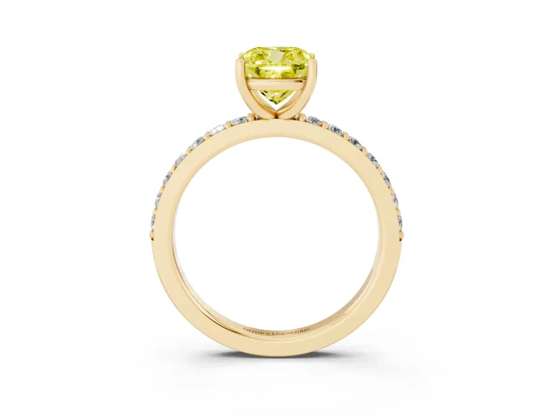 Fancy Yellow Cushion Cut Diamond Solitaire Set in Yellow gold with Round Pavé Band and Prong Setting