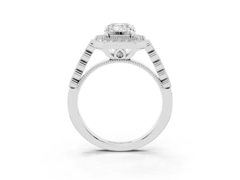 Emerald Cut Milgrain Halo Engagement Ring Setting | Graduated Bezel Accents | Platinum