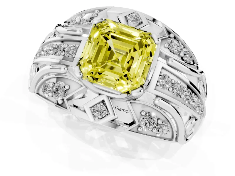 Asscher Cut Art Deco Engagement Ring Setting for a Fancy Yellow Lab-Grown Diamond | Platinum