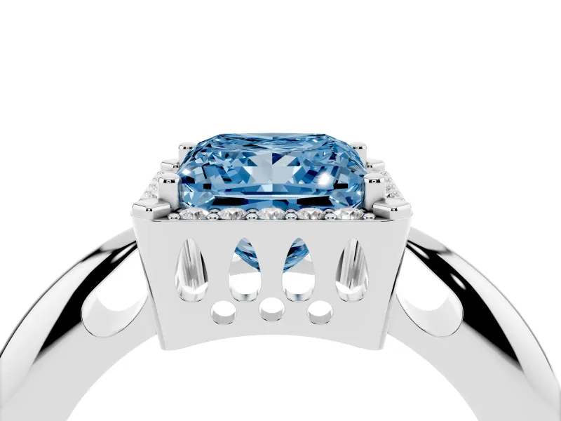 Fancy Blue Princess Cut Diamond Halo Engagement Ring Set in Platinum with Plain Split Shank and Prong Setting