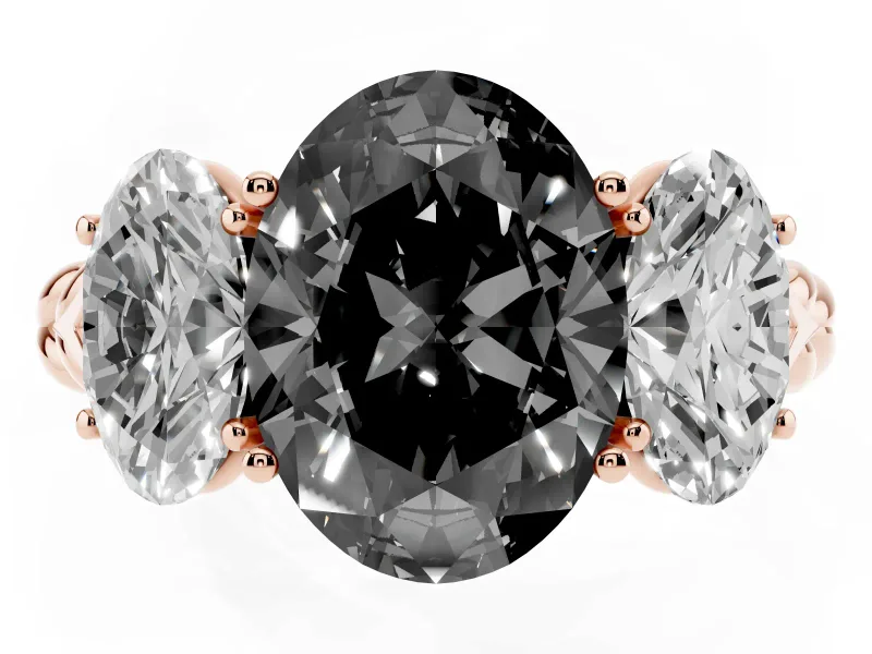 Fancy Black Oval Cut Diamond Three-Stone Ring Set in Rose gold with Braided Band