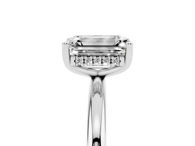 Emerald Cut Diamond Solitaire Engagement Ring Set in White gold with Prong Setting and Polished Band
