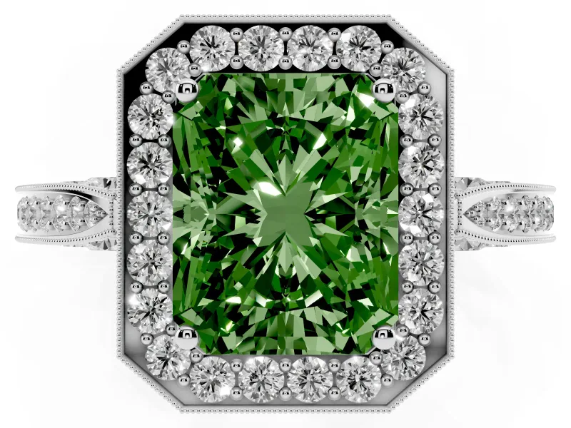 Radiant Cut Milgrain Halo Engagement Ring Setting for a Fancy Green Lab-Grown Diamond | Side Stones | White Gold