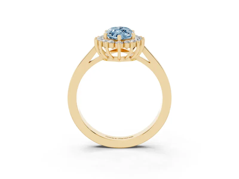 Fancy Blue Marquise Cut Diamond Halo Ring Set in Yellow gold with Round Halo and Smooth Solitaire Band