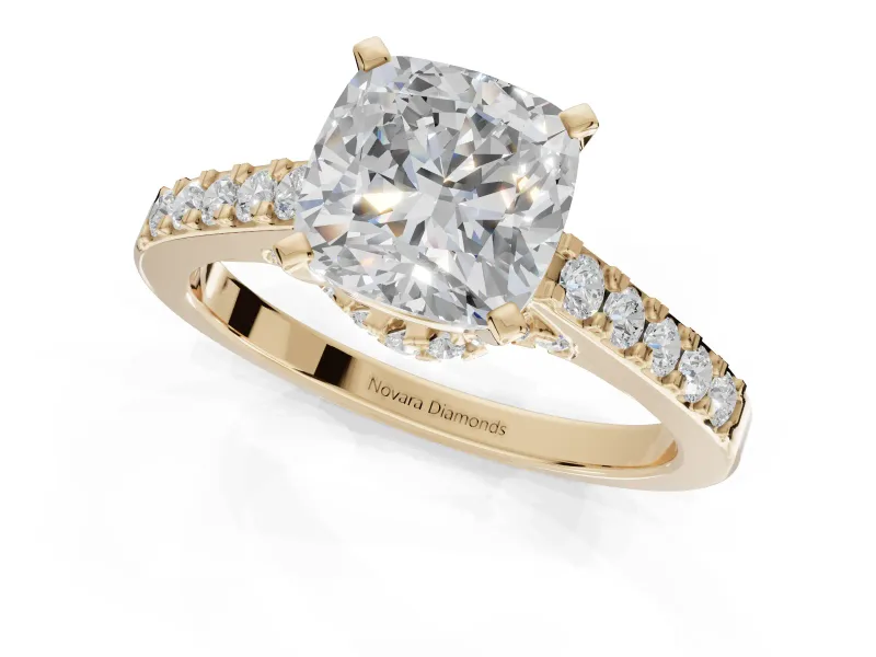 Cushion Cut Pavé Solitaire Engagement Ring Setting | Crossover Gallery | Yellow Gold