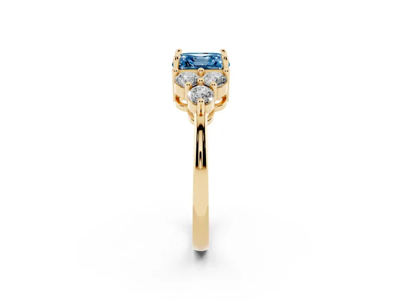 Fancy Blue Asscher Cut Diamond Solitaire Ring Set in Yellow gold with Cluster Accents on Each Side