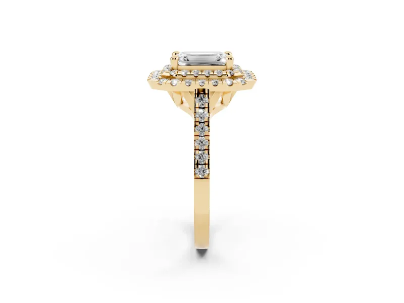 Emerald Cut Double Halo Engagement Ring Setting | Pave Shoulders | Yellow Gold