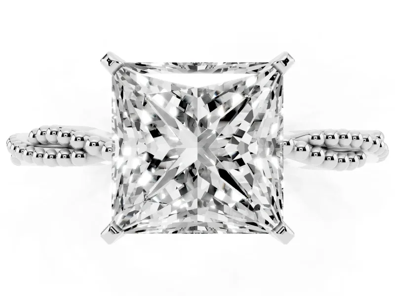 Princess Cut Diamond Solitaire Ring Set in Platinum with Twisted Band and Bead Prong Setting
