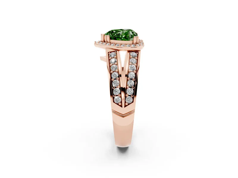 Fancy Green Heart Cut Diamond Halo Ring Set in Rose gold with Double Pavé Split Shank
