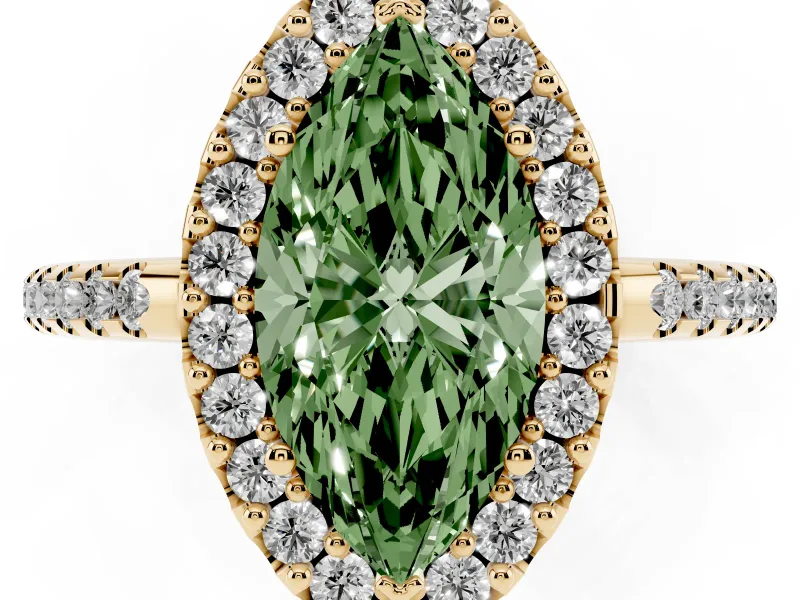Marquise Pave Halo Engagement Ring Setting for a Fancy Green Lab-Grown Diamond | Pave Band | Yellow Gold