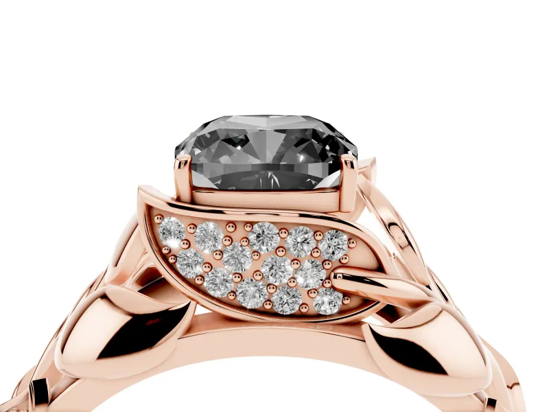Fancy Black Cushion Cut Diamond Leaf-Inspired Engagement Ring Set in Rose gold with Round Accents