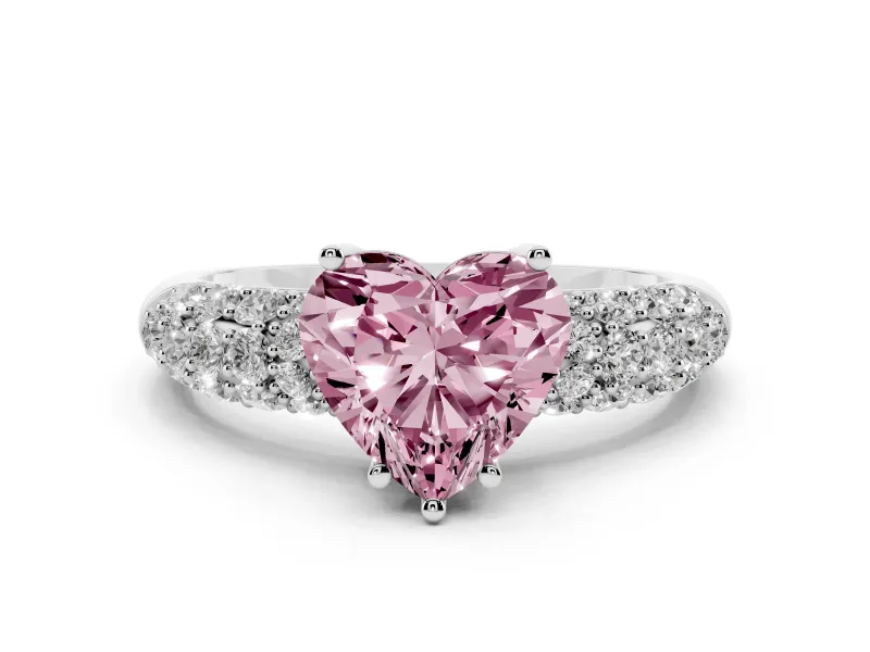 Fancy Pink Heart Cut Diamond Pavé Band Solitaire Ring Set in Platinum with Close-Set Accent Stones and Prong Setting
