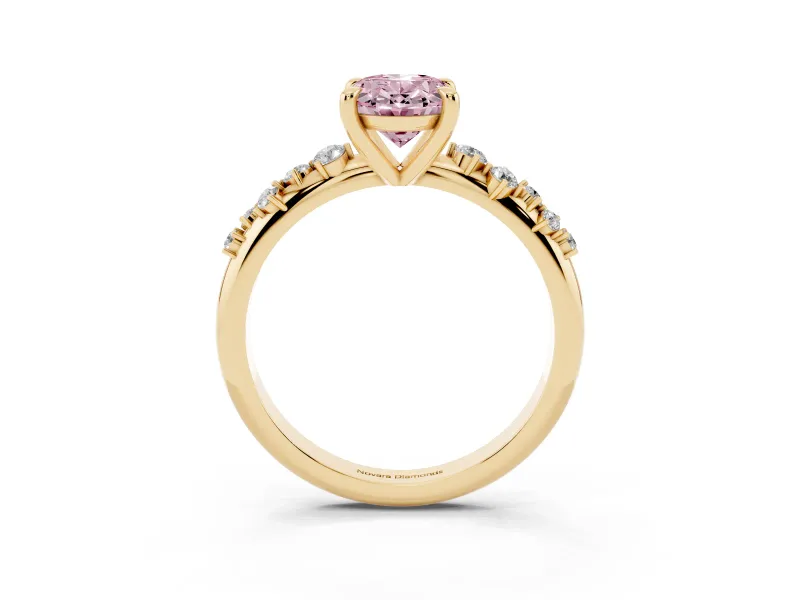 Fancy Pink Oval Cut Diamond Solitaire Vine Band Ring Set in Yellow gold with Round Accents and Prong Setting