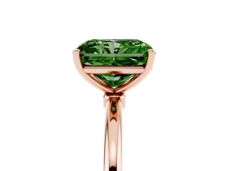 Fancy Green Radiant Cut Diamond Solitaire Engagement Ring Set in Rose gold with Thin Band and Prong Setting