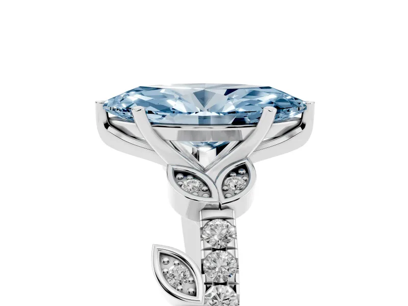 Fancy Blue Marquise Cut Diamond Solitaire Leaf-Inspired Ring Set in White gold with Pavé Band and Prong Setting