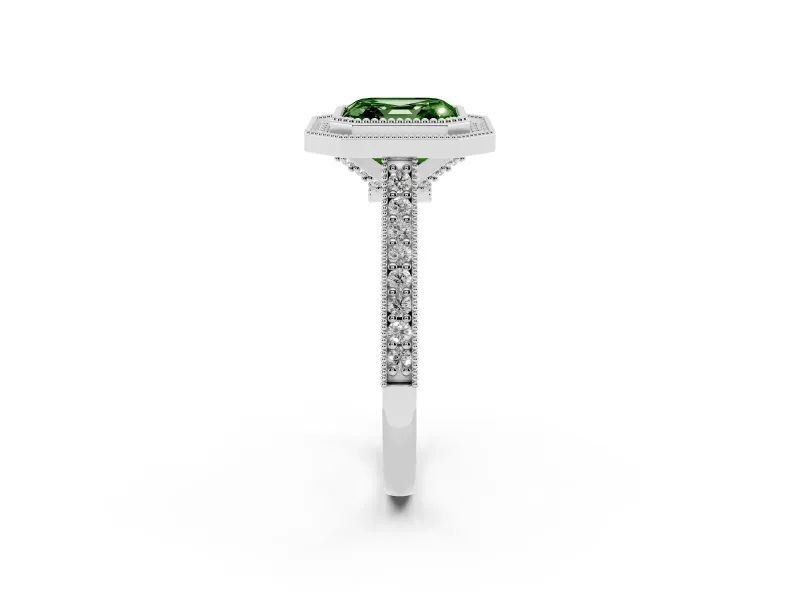 Asscher Cut Vintage Milgrain Halo Engagement Ring Setting for a Fancy Green Lab-Grown Diamond | Bezel Head | White Gold