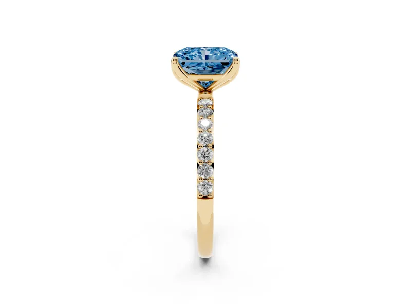Radiant Cut Pave Solitaire Engagement Ring Setting for a Fancy Blue Lab-Grown Diamond | Slim Band | Yellow Gold