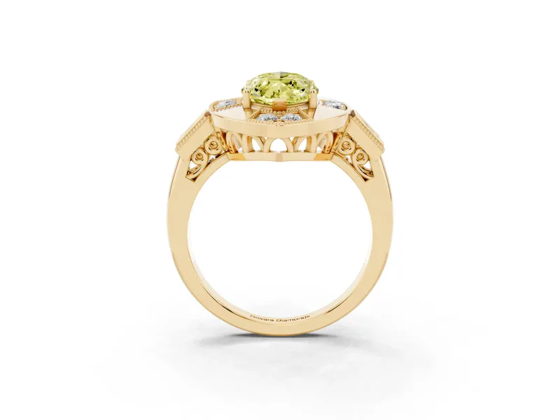 Fancy Yellow Marquise Cut Diamond Milgrain Halo Ring Set in Yellow gold with Split Shank