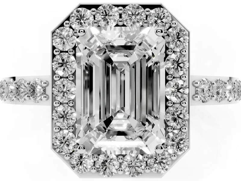 Emerald Cut Diamond Halo Ring Set in White gold with Pavé-Setting Band and Open Prong Center