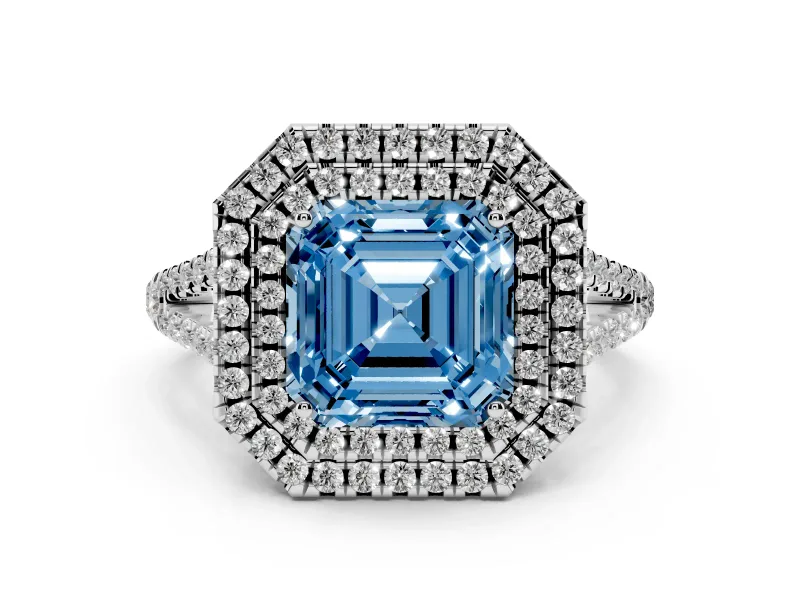 Fancy Blue Asscher Cut Diamond Double Halo Ring Set in Platinum with Pavé Band
