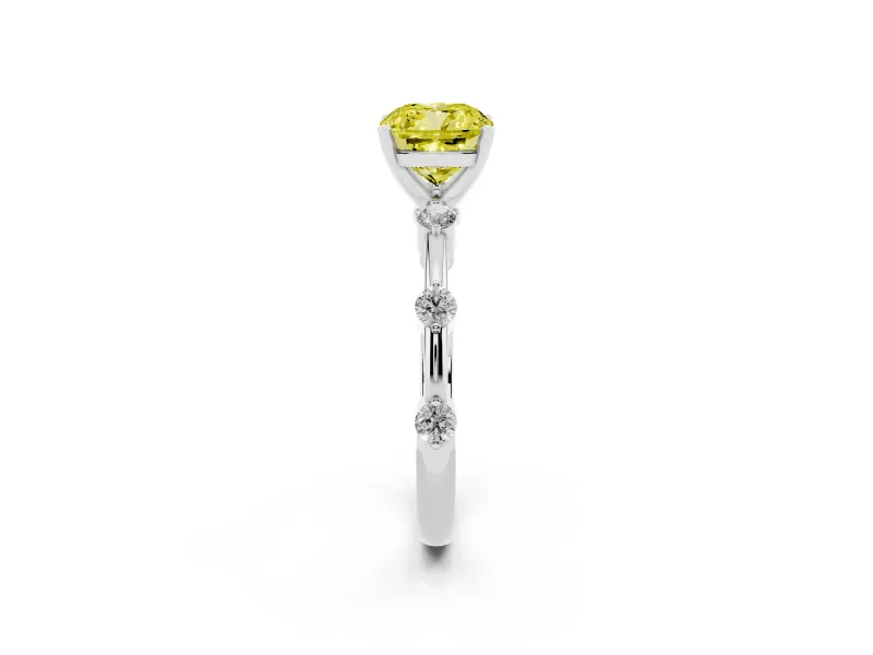 Fancy Yellow Cushion Cut Diamond Solitaire Ring Set in White gold with Bezel Set Side Stones and Prong Setting