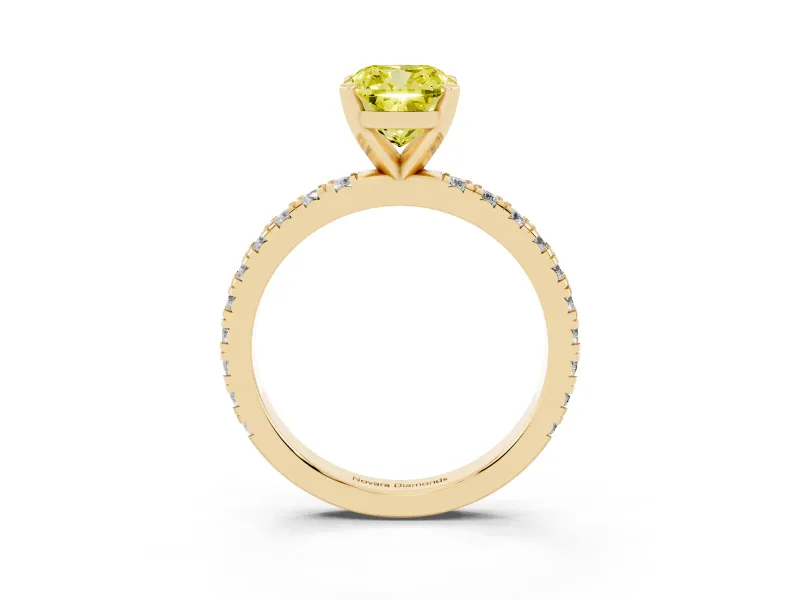Fancy Yellow Cushion Cut Diamond Pavé Band Solitaire Set in Yellow gold with Prong Setting