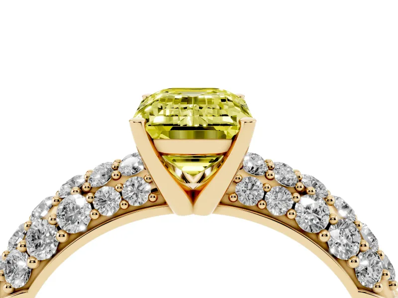 Emerald Cut Close Set Pave Engagement Ring Setting for a Fancy Yellow Lab-Grown Diamond | Multi Row | Yellow Gold