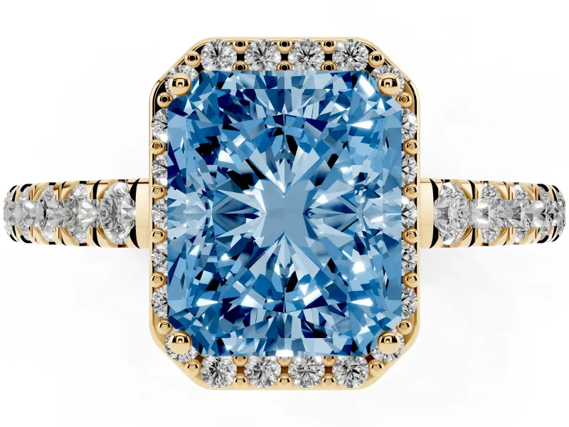 Fancy Blue Radiant Cut Diamond Halo Engagement Ring Set in Yellow gold with Pavé Band and Prong Setting