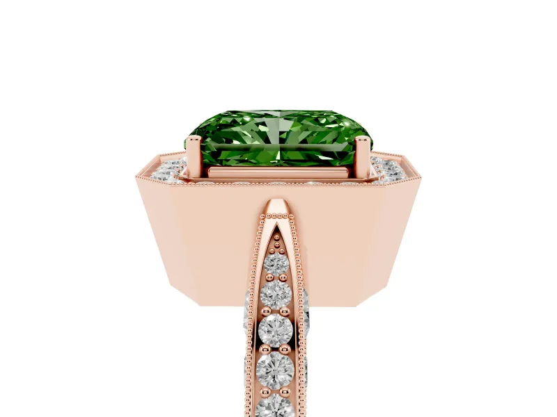 Radiant Cut Milgrain Halo Engagement Ring Setting for a Fancy Green Lab-Grown Diamond | Side Stones | Rose Gold