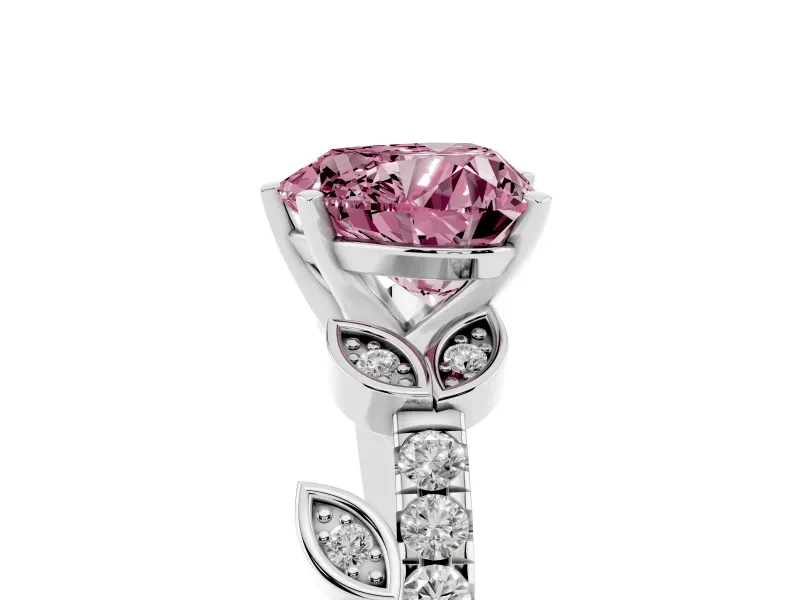 Fancy Pink Heart Cut Diamond Solitaire Leaf-Inspired Ring Set in Silver with Pavé Band and Prong Setting