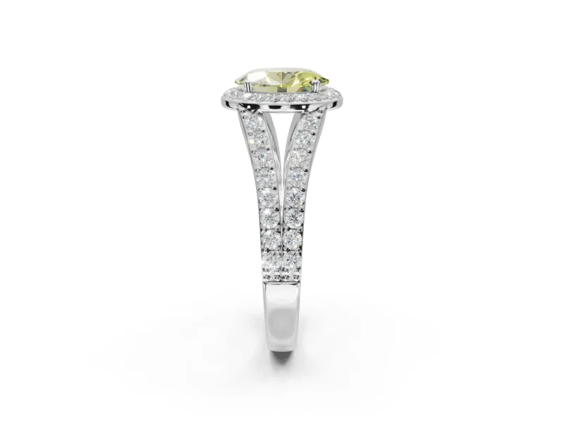 Oval Halo Pavé Engagement Ring Setting for a Fancy Yellow Lab-Grown Diamond | Narrow Split Shank | Sterling Silver