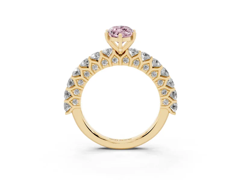 Fancy Pink Marquise Cut Diamond Solitaire Ring Set in Yellow gold with Shared Prong Pavé Band