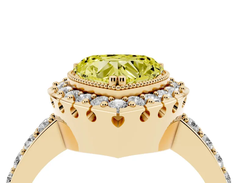 Heart-Shaped Milgrain Halo Engagement Ring Setting for a Fancy Yellow Lab-Grown Diamond | Pavé Shoulders | Yellow Gold