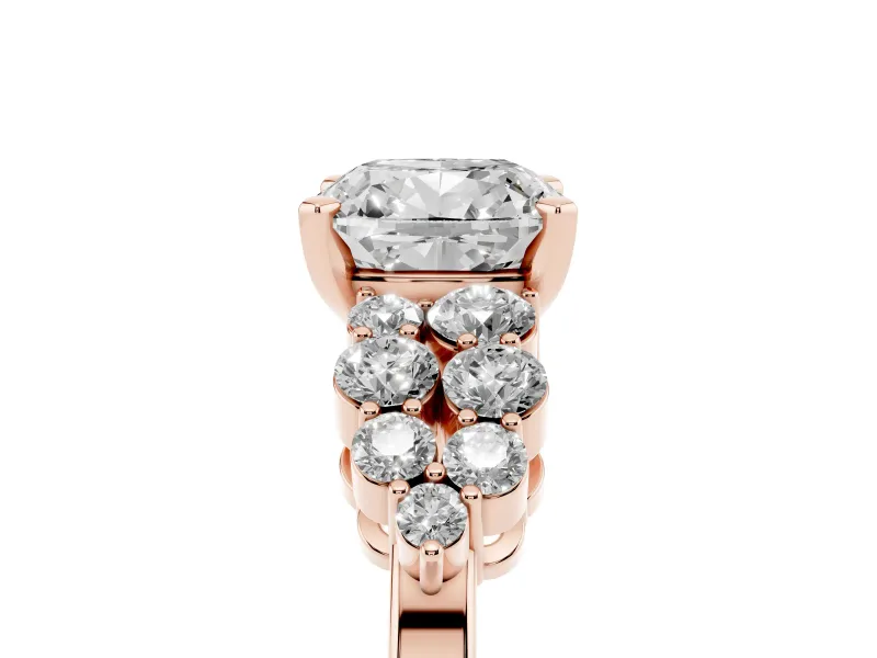 Cushion Cut Side Stone Engagement Ring Setting | Two-Row Shoulder Clusters | Rose Gold