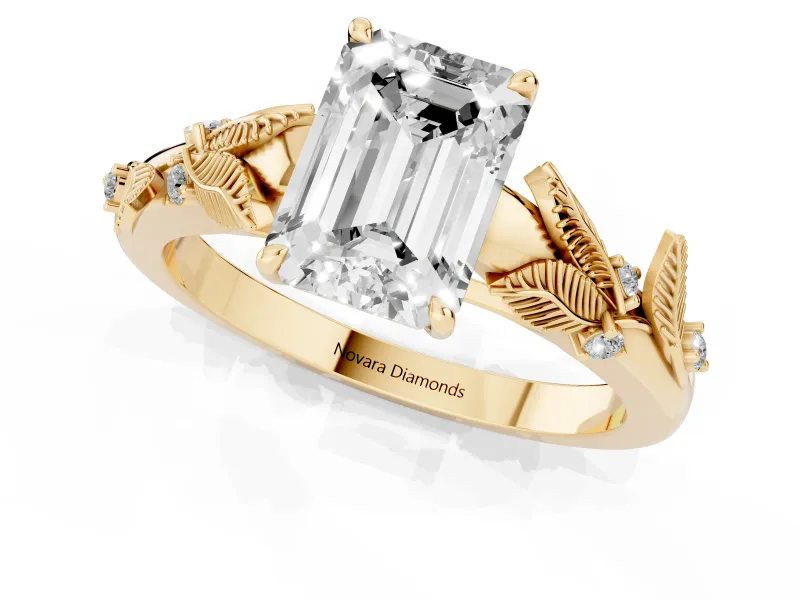 Emerald Cut Leaf Motif Solitaire Engagement Ring Setting | Accented Leaves | Yellow Gold
