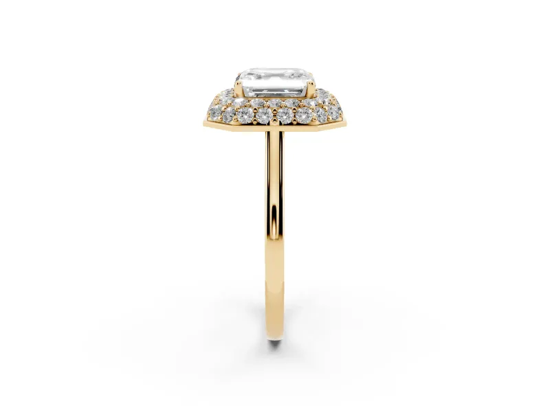 Asscher Cut Pave Halo Engagement Ring Setting | Slim Plain Band | Yellow Gold