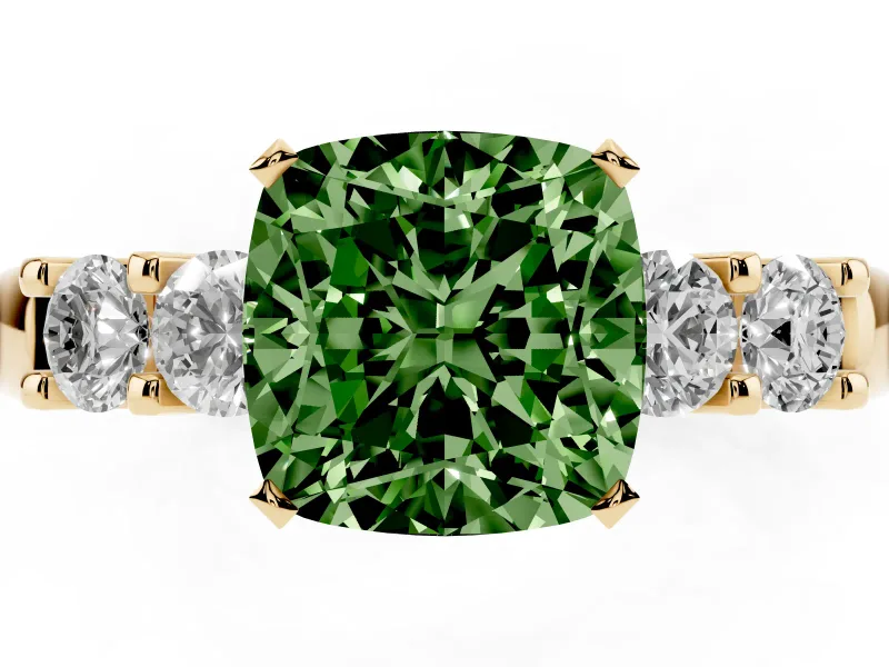 Cushion Cut Five Stone Engagement Ring Setting for a Fancy Green Lab-Grown Diamond | Yellow Gold