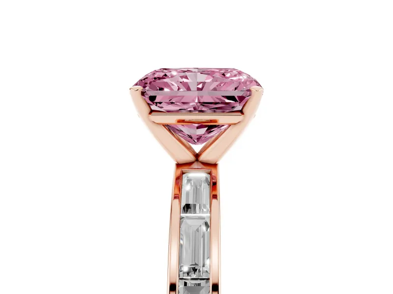 Fancy Pink Radiant Cut Diamond Solitaire Ring Set in Rose gold with Channel-Set Baguette Band and Prong Setting