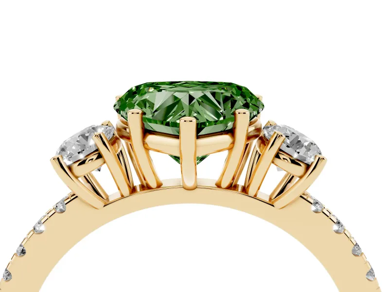 Heart-Shaped Three Stone Engagement Ring Setting for a Fancy Green Lab-Grown Diamond | Pave Shoulders | Yellow Gold